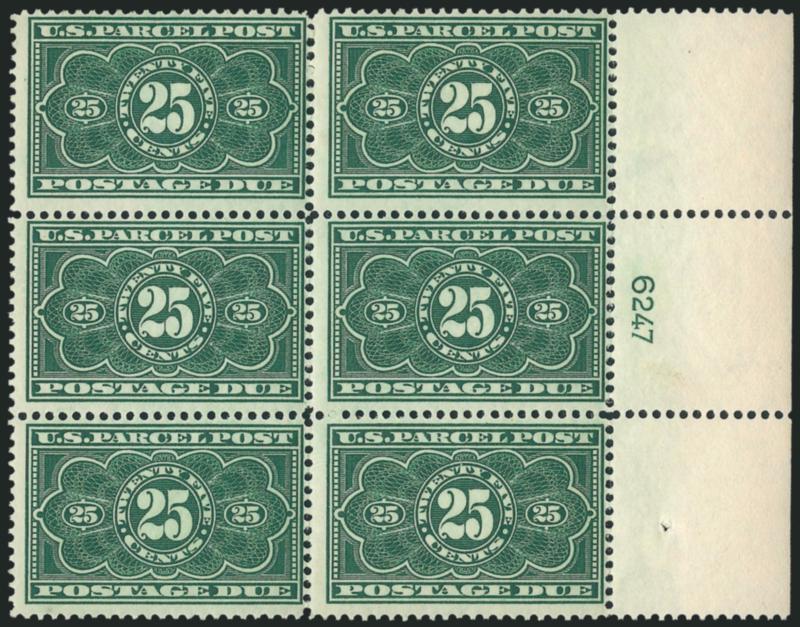 25c Dark Green, Parcel Post Postage Due (JQ5).> Right plate no. 6247 block of six with wide selvage, barest trace of hinging at top left corner, five stamps and selvage Mint N.H., bright shade, few trivial perf
separations, Fine