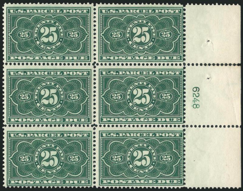 25c Dark Green, Parcel Post Postage Due (JQ5).> Right plate no. 6248 block of six with wide selvage, stamps Mint N.H., lightly hinged in selvage where few perf separations expertly reinforced, radiant color,
crease at edge of selvage ending in small