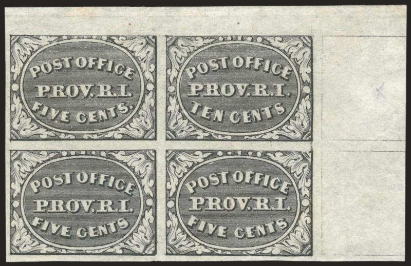 Providence R.I., 5c & 10c Gray Black, Se-Tenant (10X2a).> Block of four, top right stamp 10c, large to huge margins incl. top right corner sheet margin, unused (no gum), Extremely Fine, with 2000 P.F.
certificate