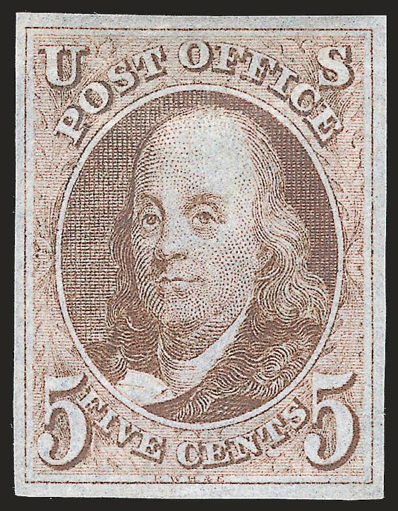 5c Red Brown (1).> Original gum, large evenly-balanced margins, distinctive bright shade and fine detailed impression<><>^EXTREMELY FINE GEM. AN EXCEPTIONALLY FRESH ORIGINAL-GUM EXAMPLE OF THE 5-CENT 1847 IN AN
UNUSUAL BRIGHT SHADE.^<><>Parisian