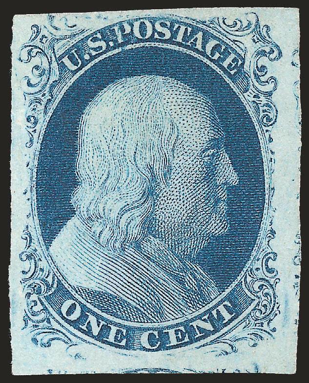 1c Blue, Ty. III (8).> Position 69L4, unused (no gum), large to huge margins incl. part of adjoining stamp at bottom and showing clear characteristics of the type, deep rich color<><>^EXTREMELY FINE. A
BEAUTIFUL UNUSED EXAMPLE OF THE IMPERFORATE 18