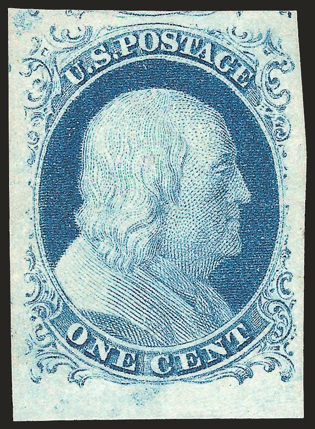 1c Blue, Ty. IV (9).> Position 96L1L, recut once at top, original gum -- so pristine, it would be considered never hinged if it were seen on a much later issue -- enormous margins all around including <sheet
margin> at bottom and trace of adjacent st