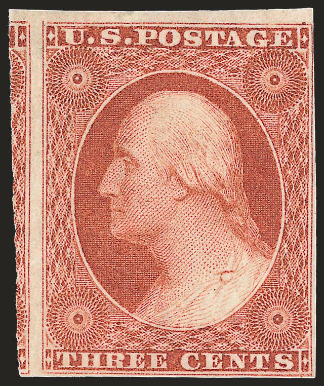 3c Orange Brown (10).> Original gum, lightly hinged, huge margins to clear incl. significant portion of adjoining stamp at left, rich color and proof-like impression<><>^VERY FINE AND CHOICE. A STUNNING
ORIGINAL-GUM EXAMPLE OF THE 1851 3-CENT IMPER