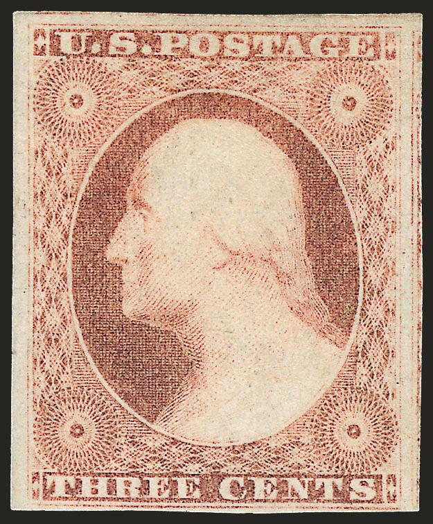 3c Dull Red, Ty. II (11A).> Original gum, large margins to full incl. part of adjoining stamps at top and right, brilliant color, Very Fine and choice, with 1988 P.F. certificate as Scott No. 11