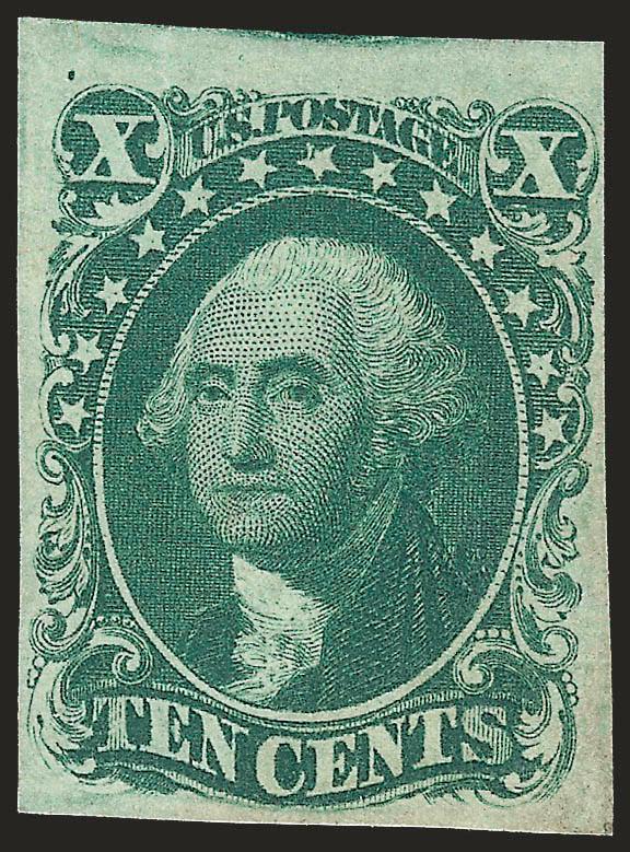 10c Green, Ty. II (14).> Original gum, lightly hinged, huge margins to clear incl. part of adjoining stamp at top, rich color on crisp paper<><>^VERY FINE AND CHOICE. AN ATTRACTIVE SOUND ORIGINAL-GUM EXAMPLE OF
THE 1855 10-CENT TYPE II.^<><>With