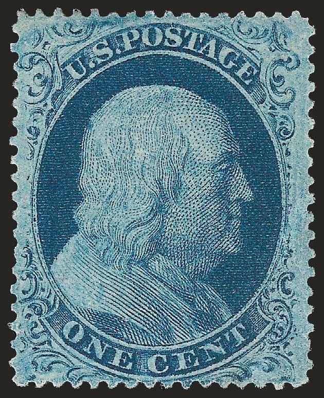 1c Blue, Ty. IIIa (22).> Original gum, single hinge mark, intense shade with characteristic plate wash from Plate 11, long and full perforations all around, showing wide break in outer line at top and full line
at bottom (the characteristic of the ty