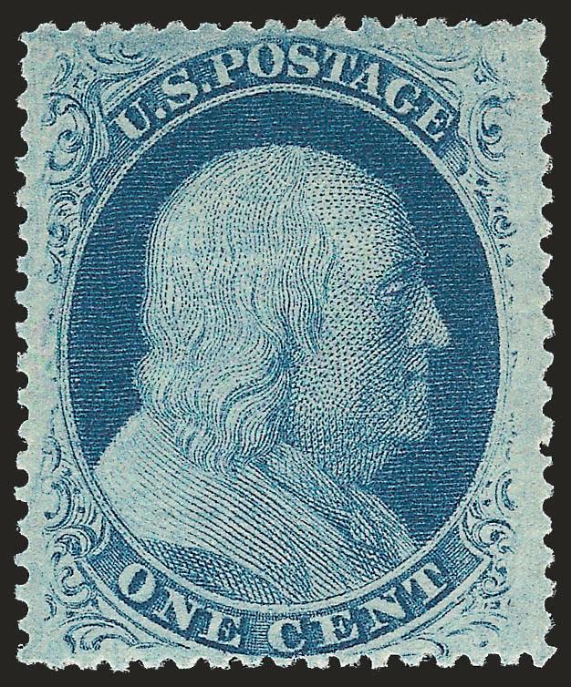 1c Blue, Ty. V (24).> Original gum, barest trace of hinging, pretty shade, wide margins, Very Fine and choice, with 1986 P.F. certificate