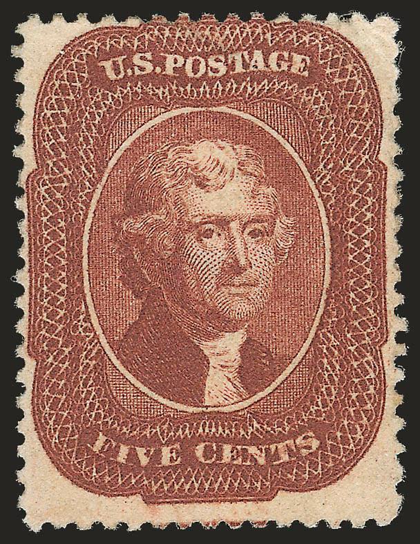 5c Indian Red (28A).> Part original gum, beautiful color in the true Indian Red shade, detailed impression clearly showing the lathework background, light diagonal crease and two small corner creases at top
right<><>^FINE APPEARANCE. A RARE ORIGINA