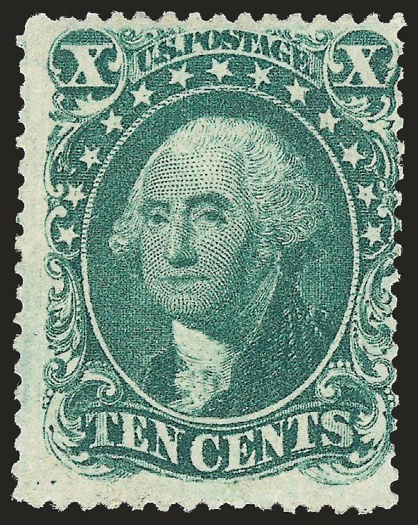 10c Green, Ty. I (31).> Full original gum which has been slightly disturbed (described on accompanying certificate as unused, original gum, previously hinged), bright color and detailed impression, expertly
repaired at bottom where there was a pull