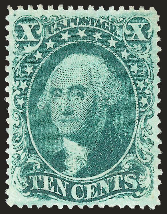 10c Green, Ty. II (32).> Unused (no gum), bright color on crisp paper, choice centering with well-balanced margins, small stain spot removed<><>^EXTREMELY FINE APPEARING UNUSED EXAMPLE OF THE 1857 10-CENT TYPE
II.^<><>With 1987 and 2007 P.F. cert