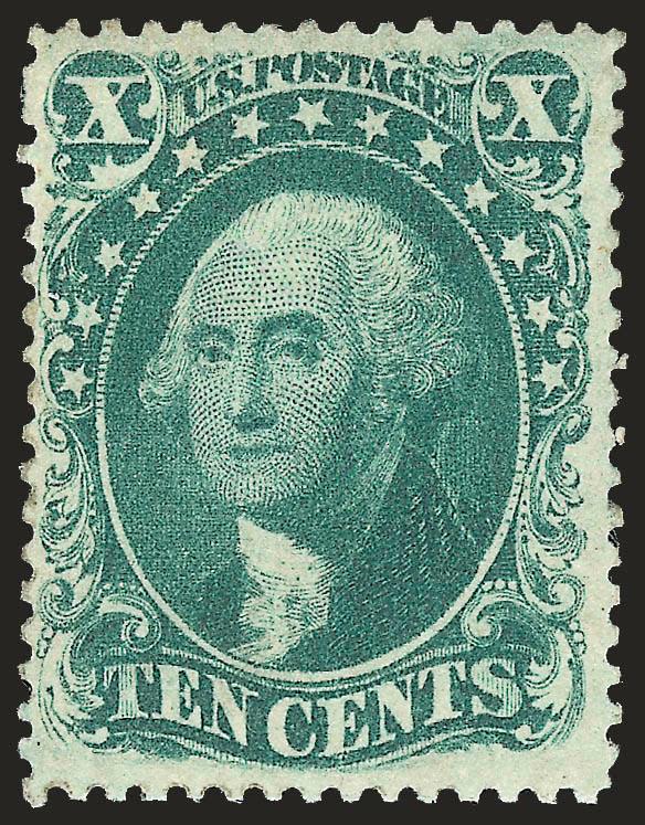 10c Green, Ty. III (33).> Original gum, deep rich color and proof-like impression on bright paper, long and full perforations all around<><>^FRESH AND FINE. AN ATTRACTIVE ORIGINAL-GUM EXAMPLE OF THE 1857
10-CENT TYPE III.^<><>With 2004 P.F. certi