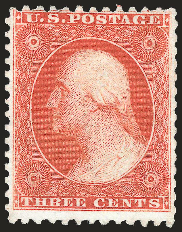 3c Scarlet, Reprint (41).> Without gum as issued, vibrant color as fresh as the day it was printed on bright paper, detailed impression, perfs scissors-separated but essentially intact<><>^VERY FINE EXAMPLE OF
THE 3-CENT 1857 RE-ISSUE.^<><>Only 4