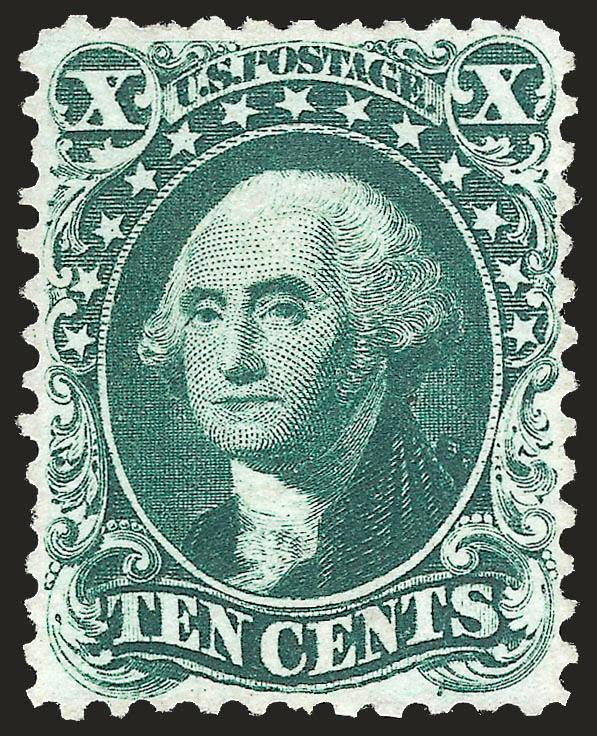 10c Blue Green, Reprint (43).> Without gum as issued, rich color on bright paper, beautiful centering, trivial natural inclusion not mentioned on accompanying certificate<><>^EXTREMELY FINE. A
BEAUTIFULLY-CENTERED EXAMPLE OF THE 10-CENT 1857 REPRIN