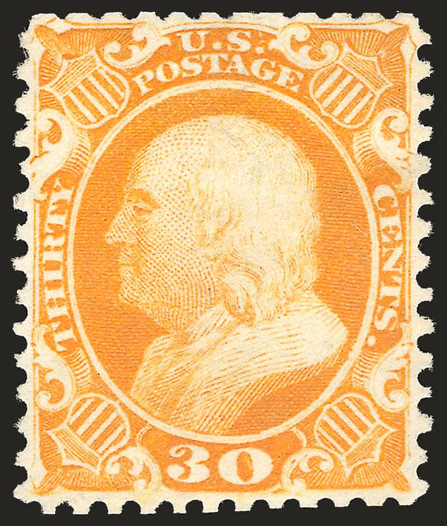 30c Yellow Orange, Reprint (46).> Without gum as issued, vibrant color and proof-like impression on bright paper, uncharacteristically choice centering with perfs fully clear on all sides<><>^EXTREMELY FINE.
ONE OF THE MOST CHALLENGING OF THE 1857-