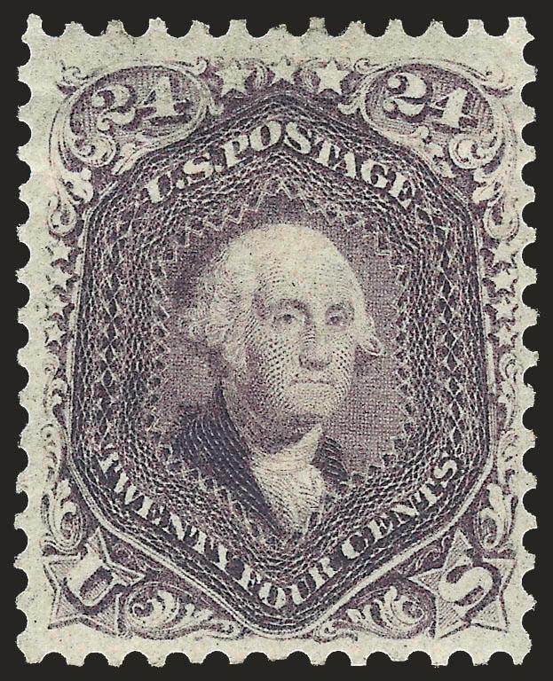 24c Dark Violet, First Color (60).> Original gum, choice centering, distinctive dark First Color shade, proof-like impression<><>^EXTREMELY FINE ORIGINAL-GUM EXAMPLE OF THE 1861 24-CENT DARK VIOLET EARLY TRIAL
PRINTING. ONE OF THE RAREST OF THE 24-