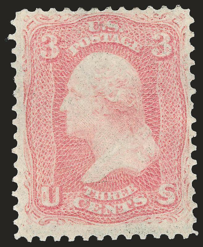 3c Pink (64).> Original gum, lightly hinged, bright color in the true Pink shade<><>^VERY FINE ORIGINAL-GUM EXAMPLE OF THE 1861 3-CENT PINK. ONE OF THE RAREST 1861 ISSUE SHADES IN THIS CHOICE ORIGINAL-GUM
CONDITION.^<><>The 3c 1861 Pink (Scott 64