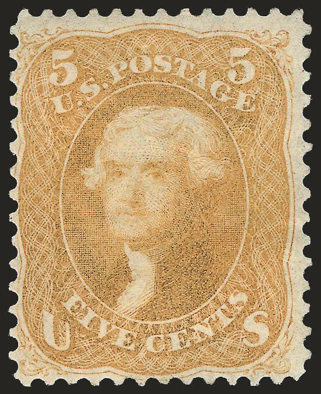 5c Brown Yellow (67a).> Original gum, h.r., radiant color in the true Brown Yellow shade<><>^FINE. AN EXCEDINGLY RARE ORIGINAL-GUM EXAMPLE OF THE 5-CENT 1861-66 ISSUE IN THE BROWN YELLOW SHADE. WE HAVE ONLY
SOLD TEN OTHERS SINCE KEEPING COMPUTERIZE