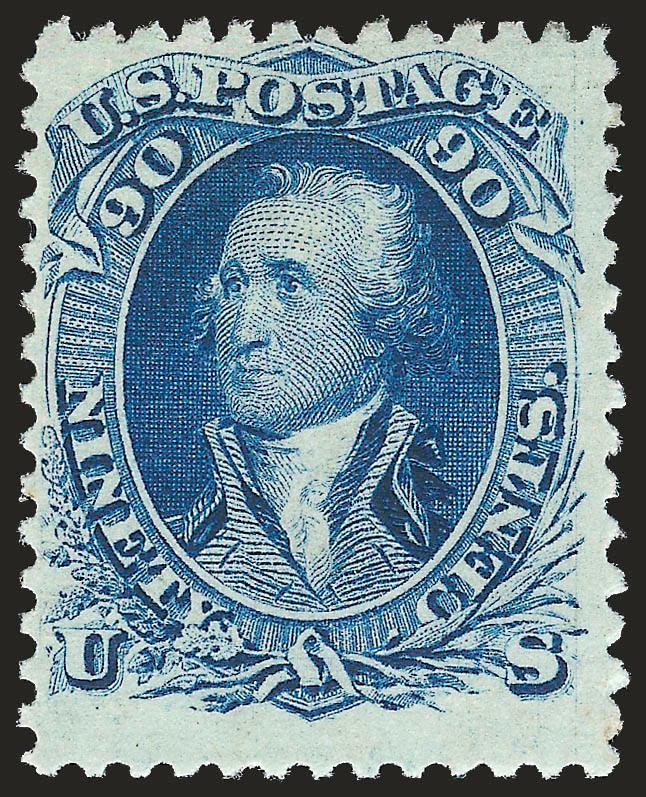 90c Dark Blue (72b).> Original gum, lightly hinged, deep rich color on bright paper<><>^FRESH AND FINE EXAMPLE OF THE 90-CENT 1861 ISSUE IN THE DARK BLUE SHADE.^<><>With 1998 P.S.E. certificate for block of
four identifying this as the normal sha