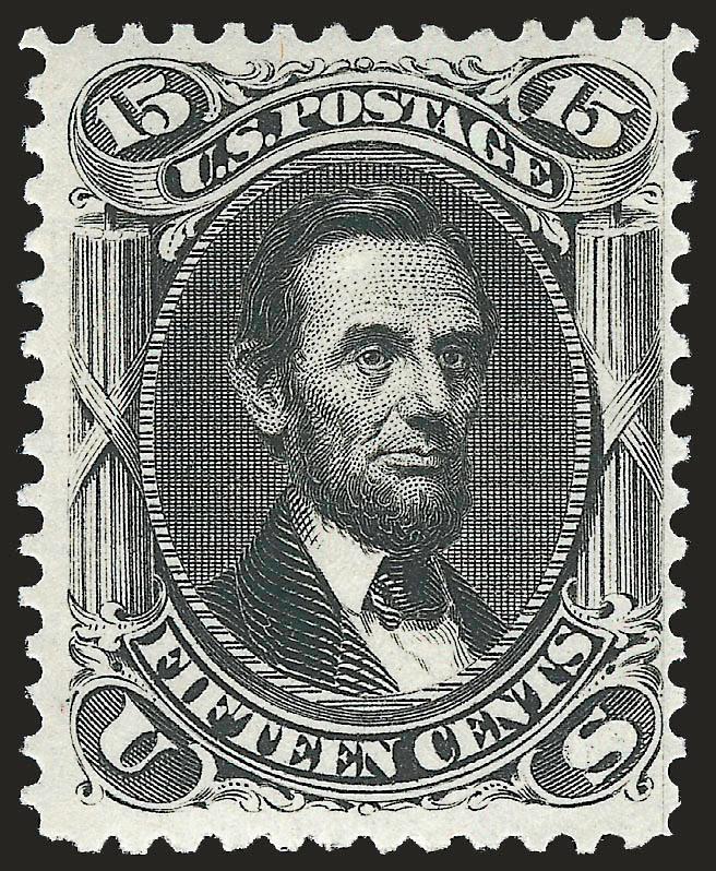 15c Black (77).> Original gum in <Mint Never-Hinged> state, sharp proof-like impression on bright and fresh paper, wide margins<><>^EXTREMELY FINE. AN UNBELIEVABLY RARE MINT NEVER-HINGED EXAMPLE OF THE 15-CENT
1866 ISSUE IN THE FINEST CONDITION ATT