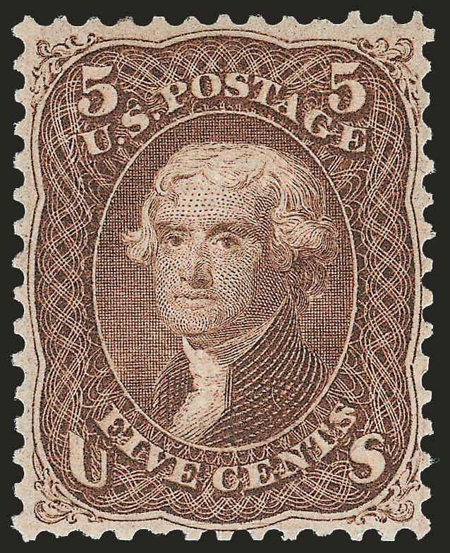 5c Brown, F. Grill (95).> Original gum, clear grill, bright shade<><>^VERY FINE ORIGINAL-GUM EXAMPLE OF THE 1868 5-CENT F GRILL.^<><>With 1974 and 1991 P.F. certificates