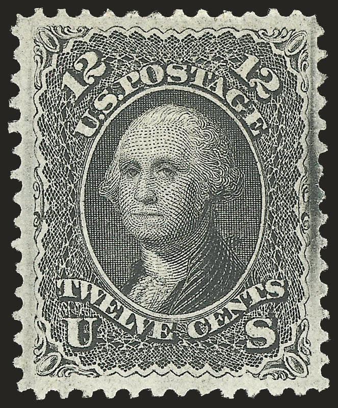 12c Black, F. Grill (97).> Original gum, lightly hinged, clearly-defined grill points, perfectly centered with wide and even margins all around, intense shade and impression<><>^EXTREMELY FINE GEM. A SUPERB
ORIGINAL-GUM EXAMPLE OF THE 1868 12-CENT