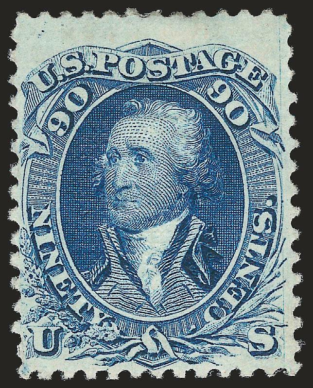 90c Blue, F. Grill (101).> Original gum, clearly-defined grill, rich color and detailed impression<><>^VERY FINE. THE 90-CENT F GRILL IS AN EXCEEDINGLY SCARCE STAMP WITH ORIGINAL GUM.^<><>As an indication of
rarity, we have only offered ten other