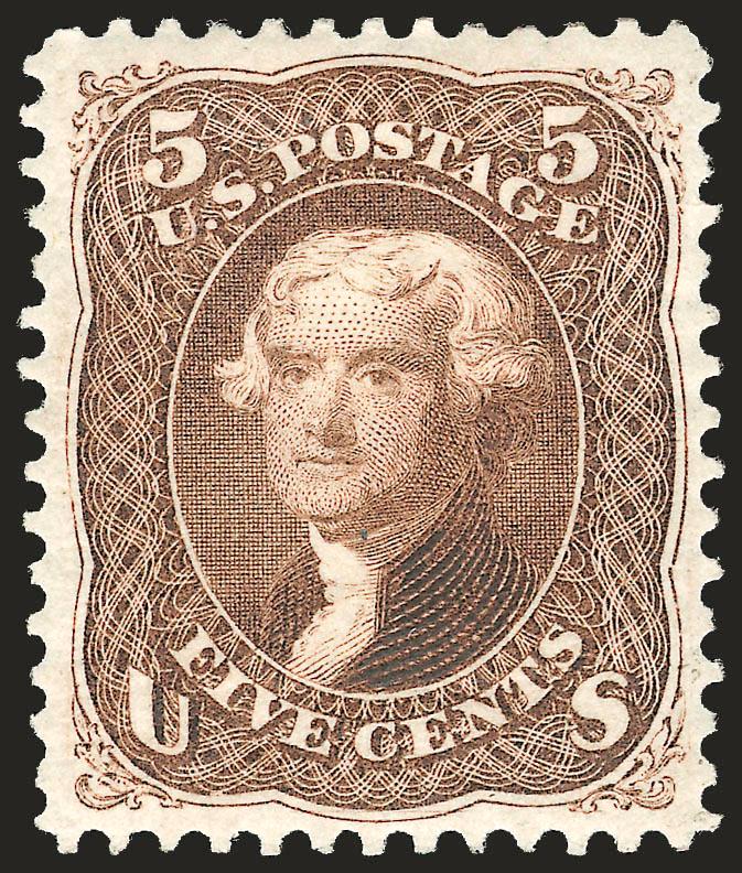 5c Brown, Re-Issue (105).> Original gum, h.r., beautiful centering with wide margins, fresh color and detailed impression<><>^EXTREMELY FINE ORIGINAL-GUM EXAMPLE OF THE 5-CENT 1861 RE-ISSUE.^<><>Only 672 sold.
With 2002 P.F. certificate