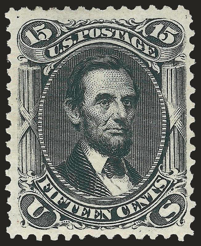 15c Black, Re-Issue (108).> Original gum, intense shade and impression on bright paper<><>^VERY FINE AND CHOICE ORIGINAL-GUM EXAMPLE OF THE 15-CENT 1861 RE-ISSUE.^<><>Only 397 sold. With 1969 and 2002 P.F.
certificates