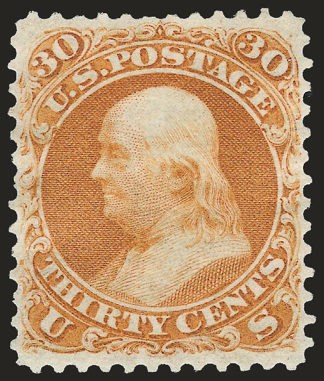 30c Brownish Orange, Re-Issue (110).> Original gum, intense color, almost perfect centering<><>^EXTREMELY FINE. A BEAUTIFUL ORIGINAL-GUM EXAMPLE OF THE 30-CENT 1861 RE-ISSUE.^<><>Only 346 sold. Ex Vineyard.
With 1992 and 2000 P.F. certificates