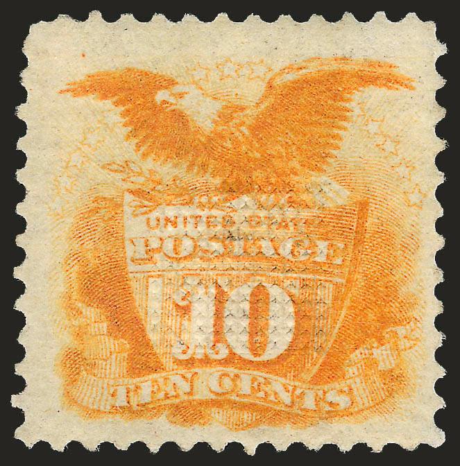 10c Yellow (116).> Original gum, vibrant shade, clear grill points<><>^EXTREMELY FINE. A BEAUTIFUL EXAMPLE OF THE 10-CENT 1869 PICTORIAL WITH ORIGINAL GUM.^<><>With 2000 P.F. certificate