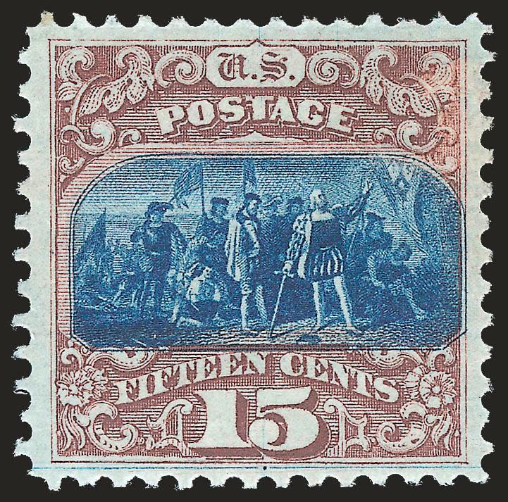 15c Brown & Blue, Ty. I, Without Grill (118a).> Original gum, well-centered with wide margins all around, beautiful proof-like colors and impressions, fresh and bright paper, small adherence on
gum<><>^EXTREMELY FINE. AN OUTSTANDING EXAMPLE OF THE
