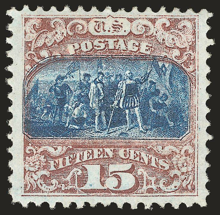 15c Brown & Blue, Ty. II (119).> Original gum, choice centering, deep rich colors and sharp impressions, remarkably fresh<><>^EXTREMELY FINE. THE 15-CENT TYPE II 1869 ISSUE IS EXCEEDINGLY DIFFICULT TO FIND IN
SUCH SUPERB ORIGINAL-GUM CONDITION.^<>