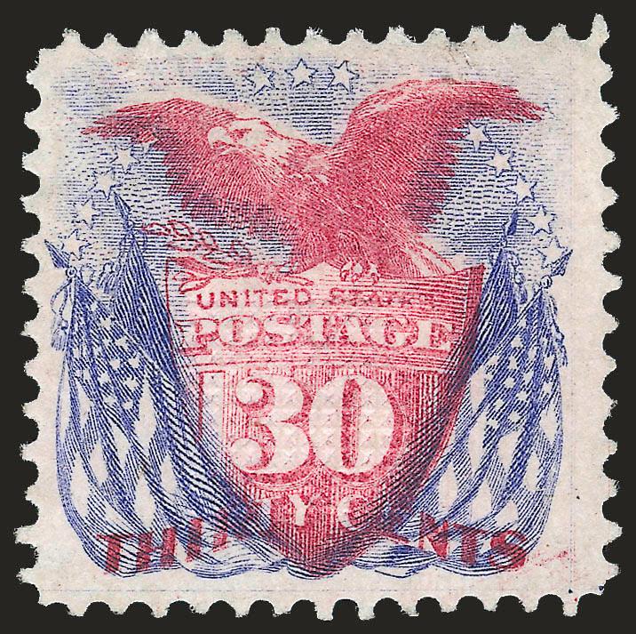 30c Ultramarine & Carmine (121).> Original gum, fresh and bright colors, crisp impressions<><>^VERY FINE AND CHOICE. A RARE ORIGINAL-GUM EXAMPLE OF THE 30-CENT 1869 PICTORIAL ISSUE. REMARKABLY BRIGHT AND FRESH
COLORS.^<><>With 1981 and 2000 P.F.
