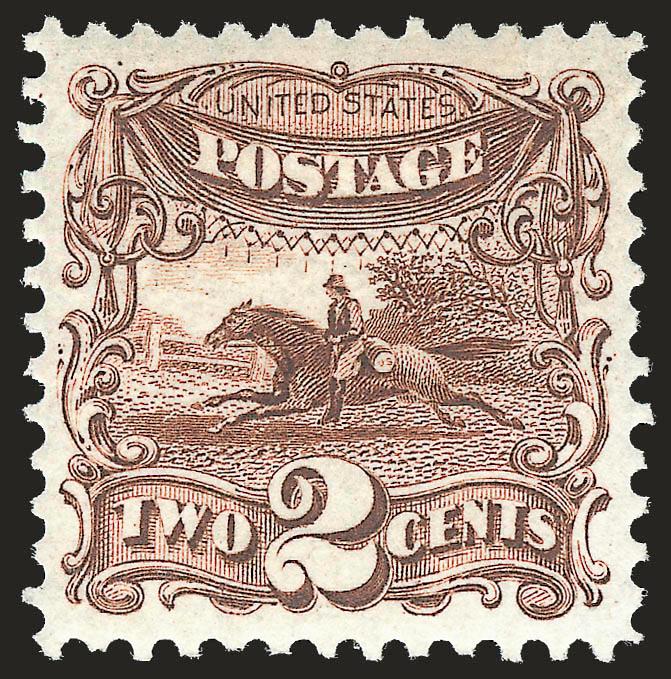 2c Brown, Re-Issue (124).> Original gum, beautiful deep rich color on bright paper, well-centered with wide well-balanced margins<><>^EXTREMELY FINE GEM. AN OUTSTANDING EXAMPLE OF THE 2-CENT 1869 PICTORIAL
RE-ISSUE.^<><>With 1971 P.F. certificate