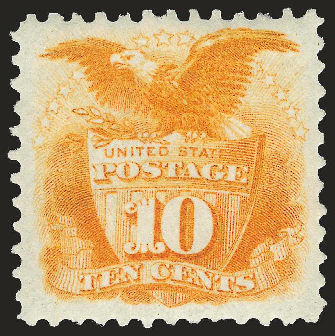 10c Yellow, Re-Issue (127).>  Original gum, lightly hinged, radiant color as fresh as the day it was printed, wide margins<><>^VERY FINE ORIGINAL-GUM EXAMPLE OF THE 10-CENT 1869 PICTORIAL RE-ISSUE.^<><>With
1988 P.F. certificate