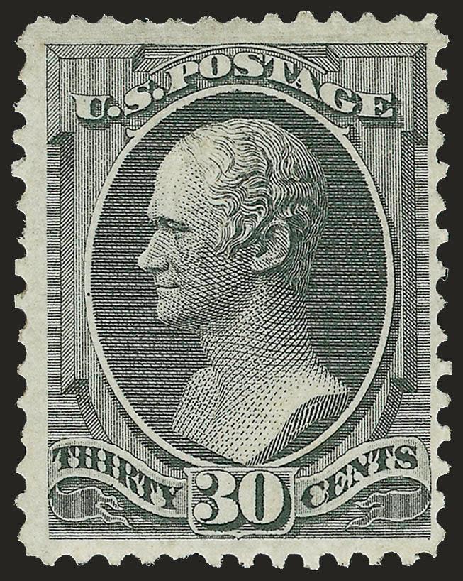 30c Black, Grill (143).> H. Grill, original gum, lightly hinged, several noticeable grill points, intense shade and impression<><>^VERY FINE AND CHOICE. THE 1870 30-CENT NATIONAL BANK NOTE GRILLED ISSUE IS ONE
OF THE MOST DIFFICULT TO FIND IN SOUND