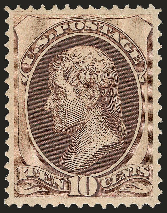 10c Brown (150).> Original gum, lightly hinged, rich color, detailed impression, unusually choice centering with wide and balanced margins, long and full perforations all around<><>^EXTREMELY FINE. A SUPERB
ORIGINAL-GUM EXAMPLE OF THE 1870 10-CENT