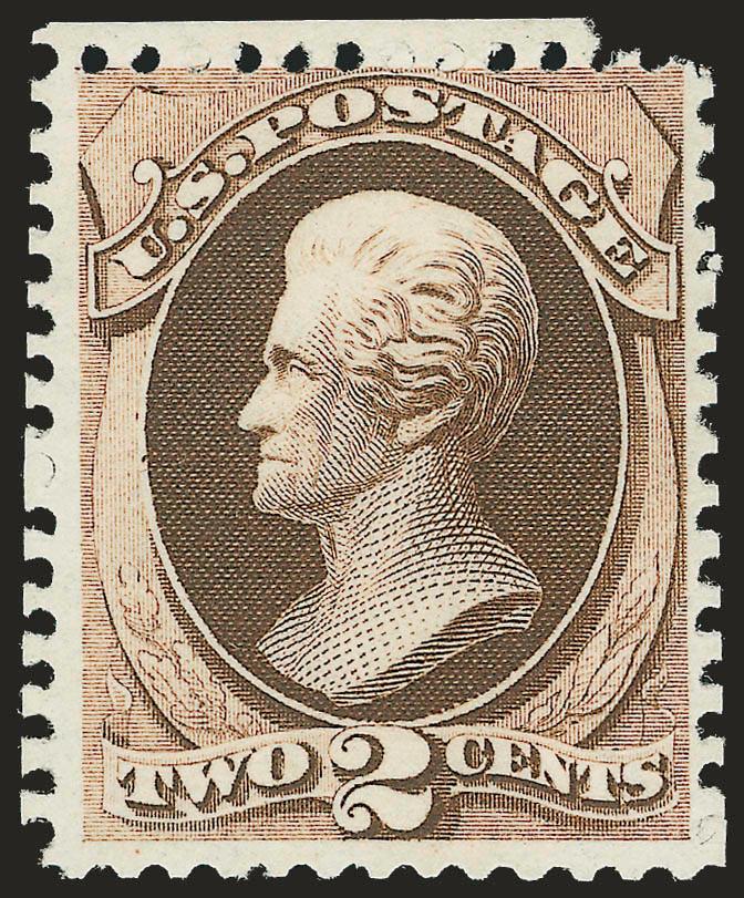 2c Dark Brown, Special Printing (168).> Without gum as issued, scissors-separated as usual but with <full perforations all around,> deep rich color<><>^VERY FINE EXAMPLE OF THE 1875 2-CENT CONTINENTAL BANK NOTE
COMPANY SPECIAL PRINTING. SCARCE WITH