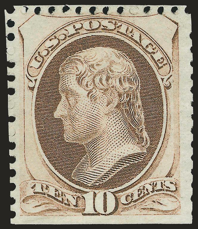 10c Pale Brown, Special Printing (172).> Without gum as issued, incredibly bright color, wide margins, scissors-separated as usual but leaving almost full intact perfs on three sides<><>^VERY FINE AND CHOICE
EXAMPLE OF THE 10-CENT 1875 CONTINENTAL