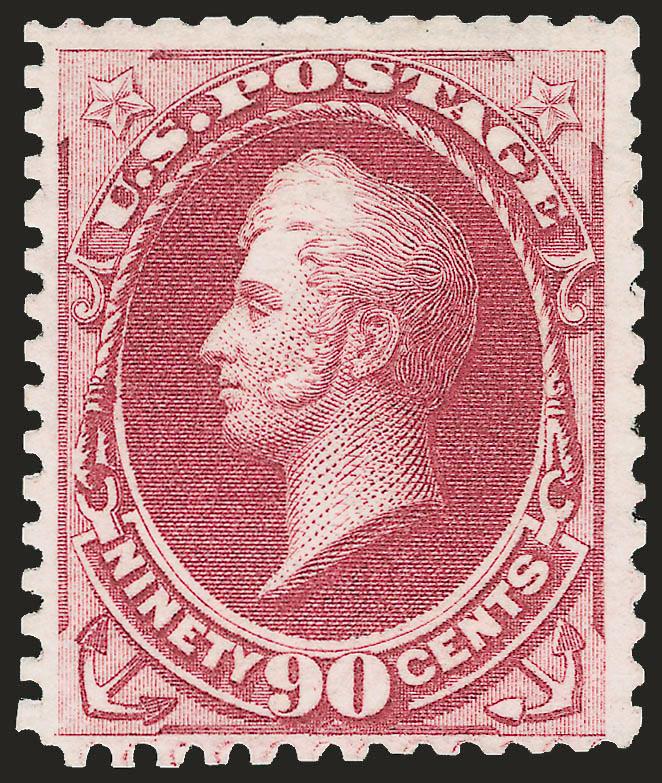 90c Violet Carmine, Special Printing (177).> Without gum as issued, beautiful bright color on fresh paper, scissors-separated as usual but leaving <full and intact perfs on all four sides><><>^EXTREMELY FINE
EXAMPLE OF THE 90-CENT 1875 CONTINENTAL