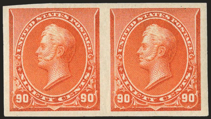 90c Orange, Imperforate (229a).> Horizontal pair, <Mint N.H.,> large margins all around, deep rich color, Extremely Fine, with 1978 and 1992 P.F. certificates, Scott Retail for hinged