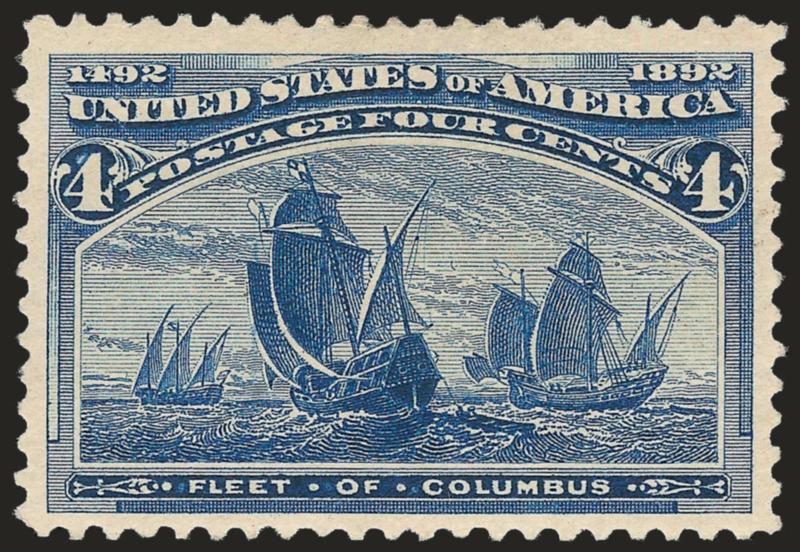 4c Columbian, Error of Color (233a).> Original gum, deep rich color on fresh paper, choice centering with wide even margins<><>^EXTREMELY FINE. A MAGNIFICENT EXAMPLE OF THE RARE 4-CENT COLUMBIAN ERROR OF
COLOR.^<><>The 4c Columbian color error wa