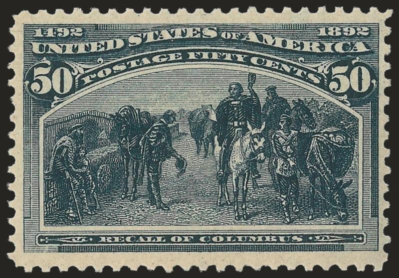 50c Columbian (240).> Mint N.H., deep shade, fresh and Fine, includes detached plate no. 77 bottom selvage, with 1999 P.F. certificate for a pair