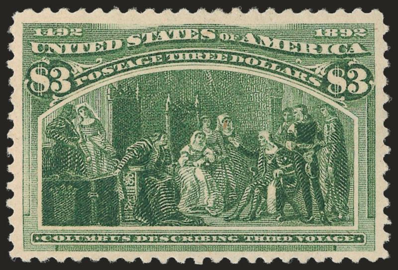 $3.00 Olive Green, Columbian (243a).> Original gum, brilliant color, wide and balanced margins, tiny natural inclusion, Very Fine, with 1985 P.F. certificate.