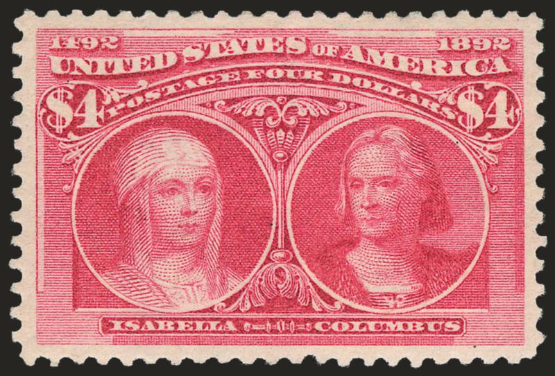 $4.00 Columbian (244).> Original gum, beautiful centering with wide margins, bright color on fresh paper<><>^EXTREMELY FINE. A BEAUTIFUL EXAMPLE OF THE $4.00 COLUMBIAN WITH ORIGINAL GUM.^<><>With 1988 P.F.
certificate
