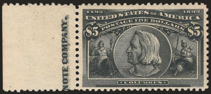 $5.00 Columbian (245).> Left part imprint selvage, original gum, lightly hinged, intense shade and proof-like impression, Very Fine, desirable with the part imprint, with 1989 P.F. certificate