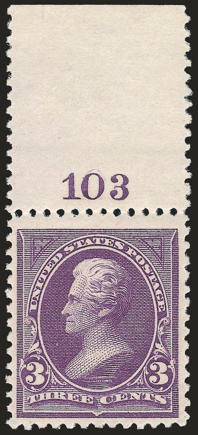 3c Purple (253).> Mint N.H. with wide top <plate no. 103 selvage>, rich color on bright white paper, choice centering, fresh and Extremely Fine, a beautiful stamp, with 1996 P.F. and 2005 P.S.E. certificates
(XF 90 SMQ $1,300.00)