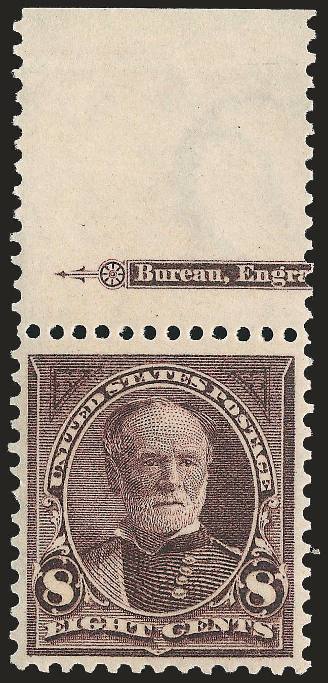 8c Violet Brown (272).> Mint N.H. with <part imprint> at top with extra wide selvage, deep rich color and proof-like impression, well-proportioned margins, Extremely Fine, with 1996 P.S.E. certificate for strip
of three