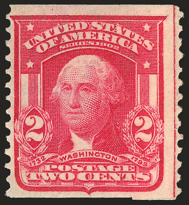 2c Carmine, Coil (322).> Guide line at right with paste-up tab beneath, ample to wide margins other sides, bright color<><>^FRESH AND FINE ORIGINAL-GUM EXAMPLE OF THE 2-CENT 1908 HORIZONTAL COIL.^<><>Issued on
July 31, 1908, and intended only for