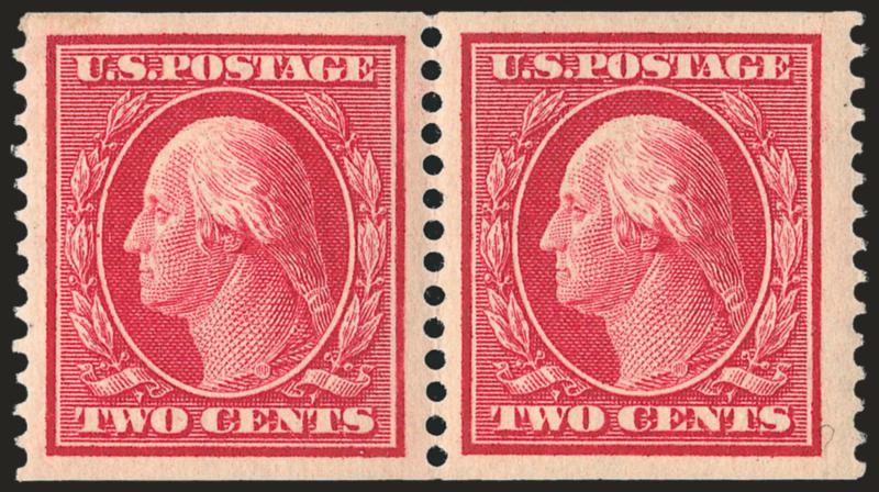 2c Carmine, Coil (353).> Pair with 3mm spacing, rich color, wide margins, left stamp particularly well centered, small pencil notation on back, Extremely Fine, with 2002 P.S.E. certificate